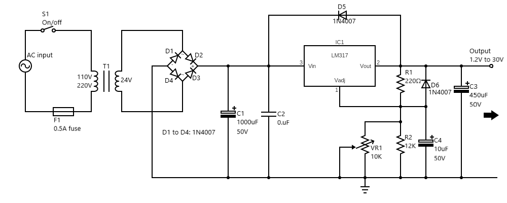 Circuit diagram of a variable DC power supply