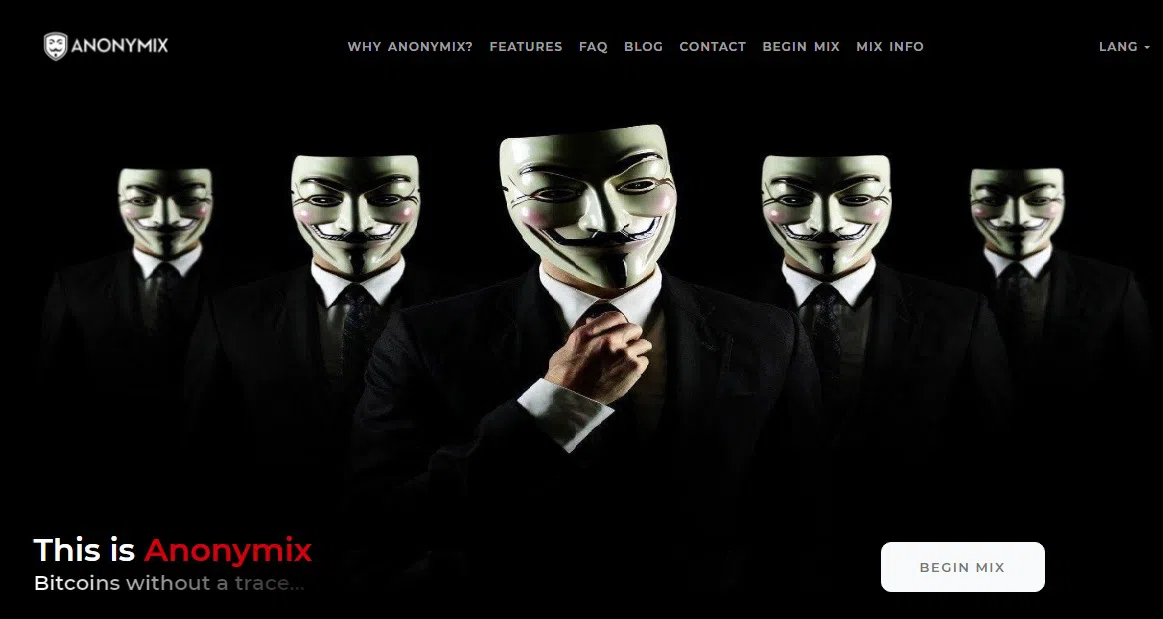 Man sieht einen Screenshot der Anonymix Webseite. Die Seite hat ein minimalistisches Design und einen Knopf, um mit dem Mischen von Kryptos anzufangen - Ein Bild von Anonymix.