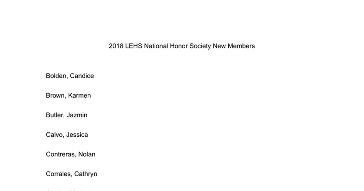 2018 LEHS National Honor Society New Members
