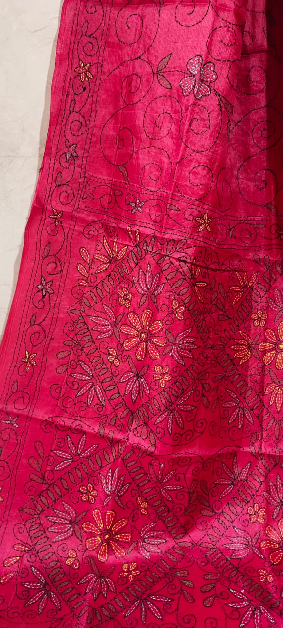 Most Exclusive Blended Tussar Silk Hand Kantha Stitch Saree