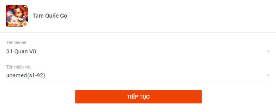 Hãy chọn tên server và tên nhân vật mà bạn cần nạp