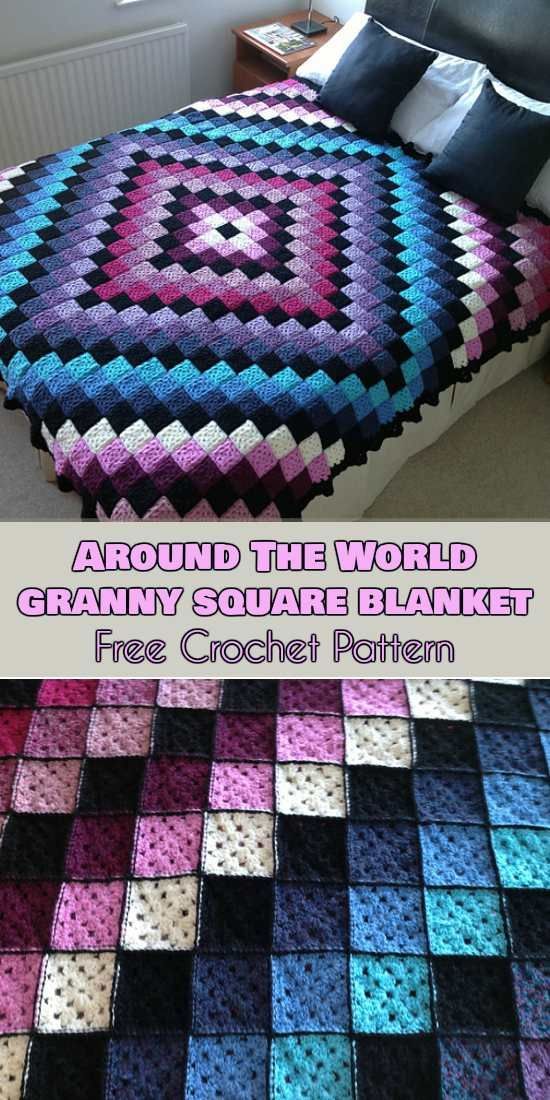 bedspread in shades of blue and violet made with little crochet squares
