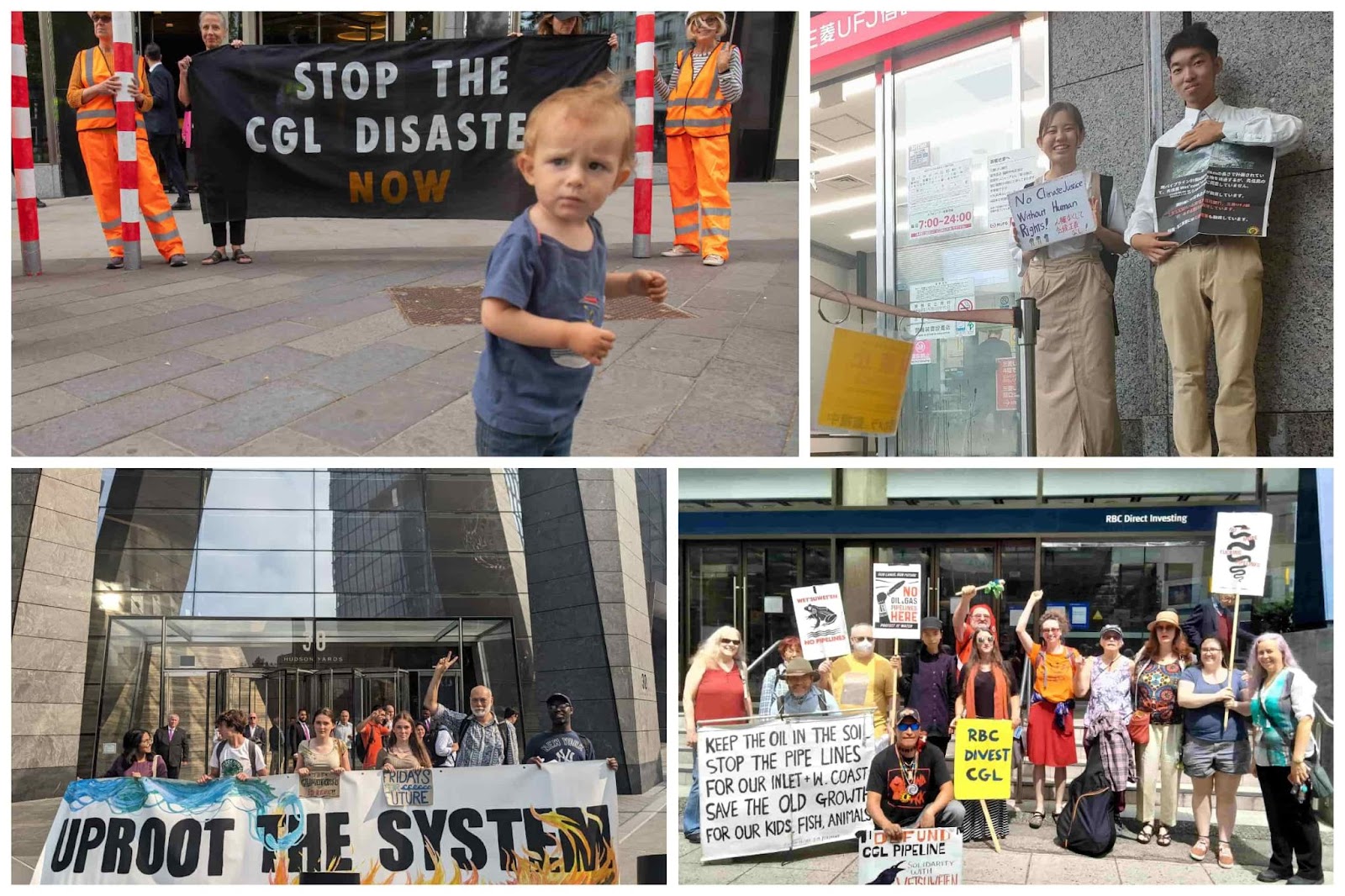 A montage of rallies outside banks in the UK US Canada and Japan. In the UK a small child wanders into shot.
