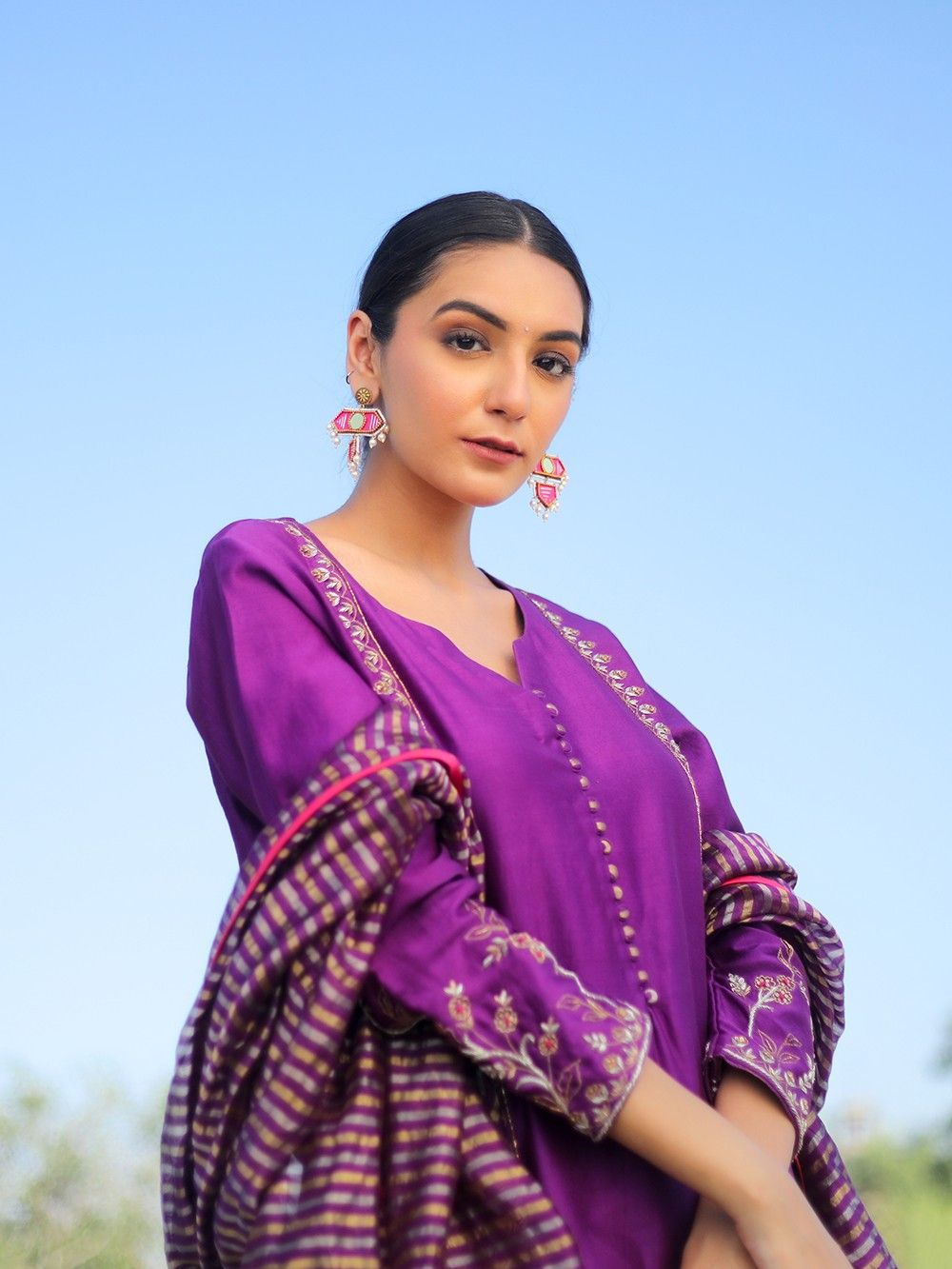 the loom - Purple Hand Embroidered Chanderi Silk Suit
