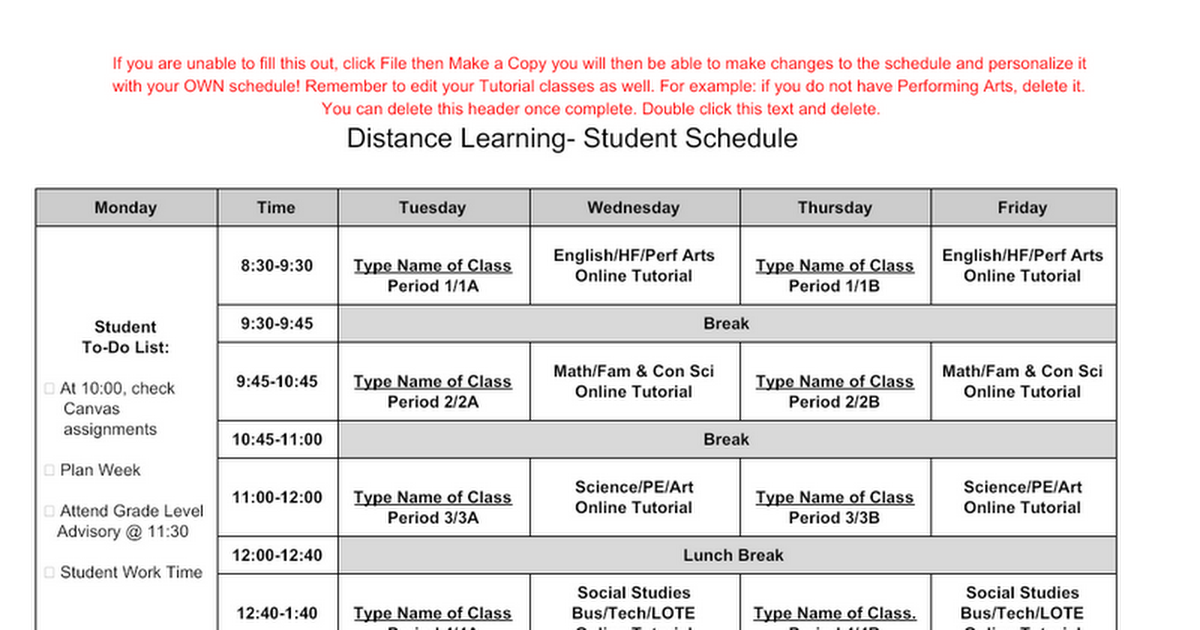 STUDENT NAME: Fill Out DL Schedule