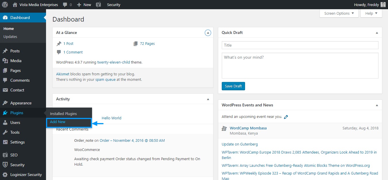 adicionando um plugin wordpress