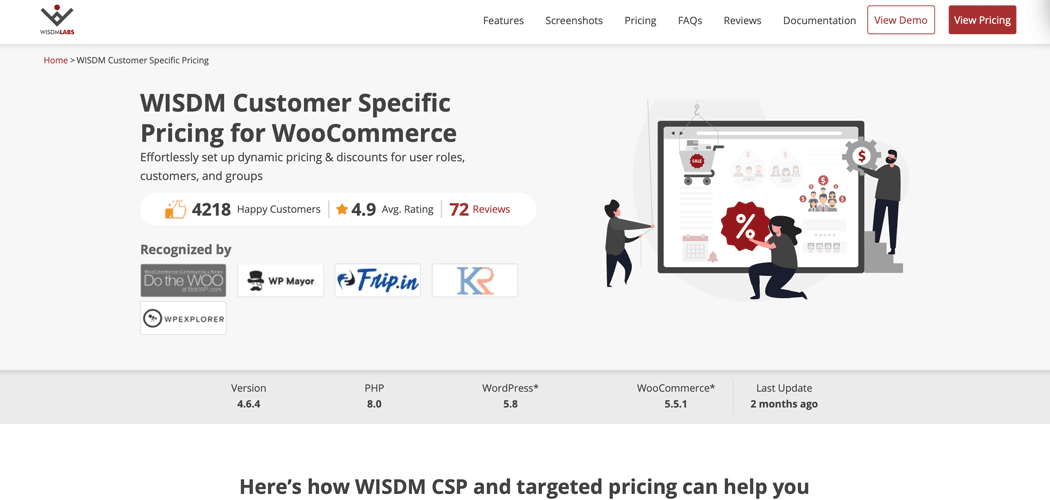 WISDM Customer Specific Pricing for WooCommerce plugin page.