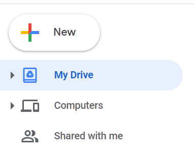Google Drive upload button that looks like a plus. The plus in in green red blue and yellow. It is also showing "My Drive", "Computers", and "Shared with me"