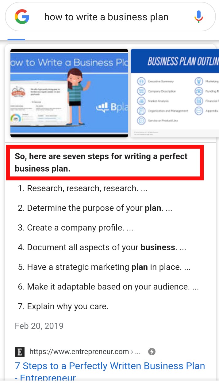 write-a-business plan featured snippet