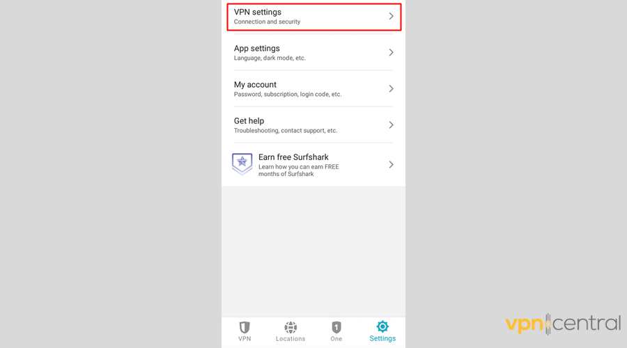 Surfshark's VPN settings