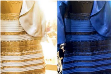 Two dresses of different color. The dresses have horizontal stripes. The left appears white and gold. The right, blue and black.