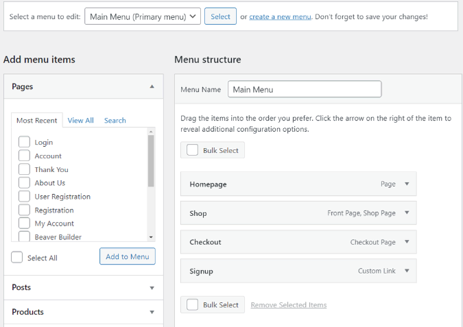 Edição e personalização do menu no WordPress - captura de tela para inserção de elementos da estrutura do menu
