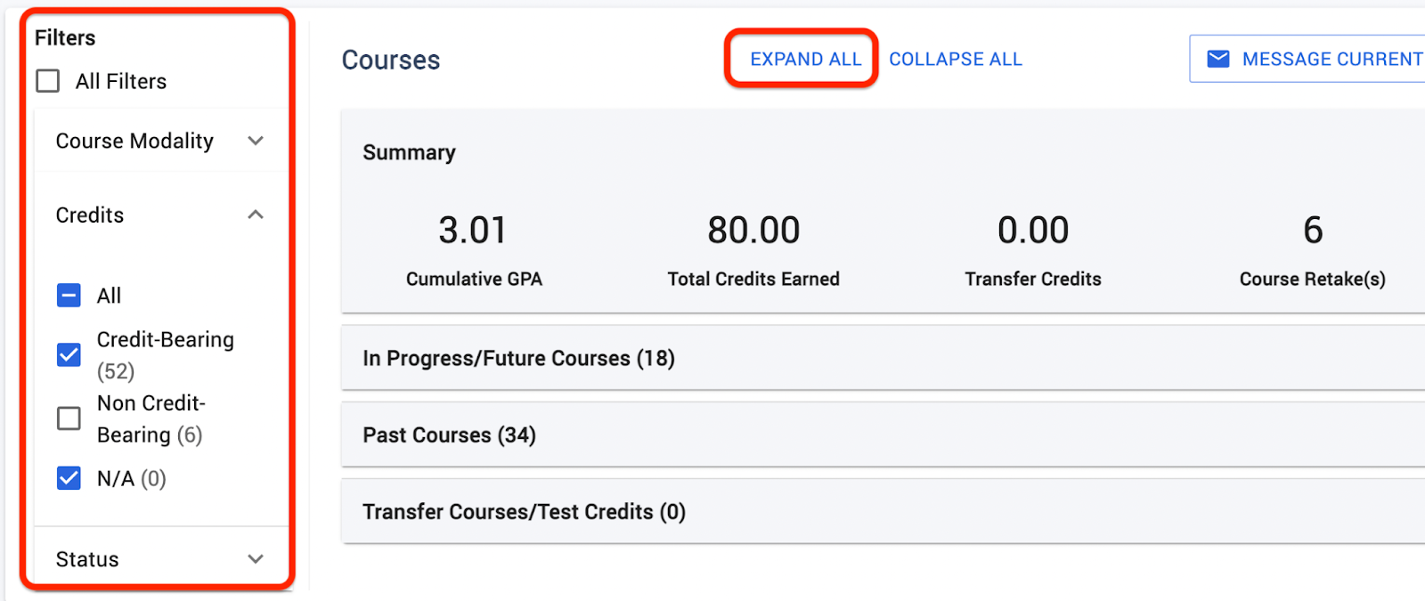 Change filter selections to change your course view