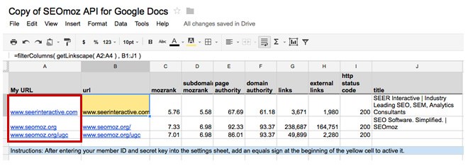 SEOmoz API Google Docs Tool