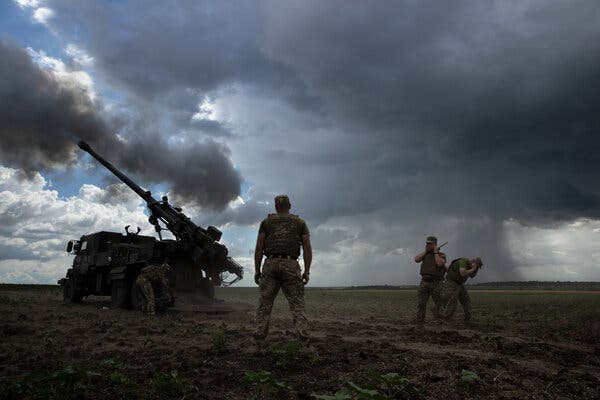 Ukrainian soldiers firing an advanced French Caesar self-propelled howitzer at a Russian target in the Donetsk region in June.