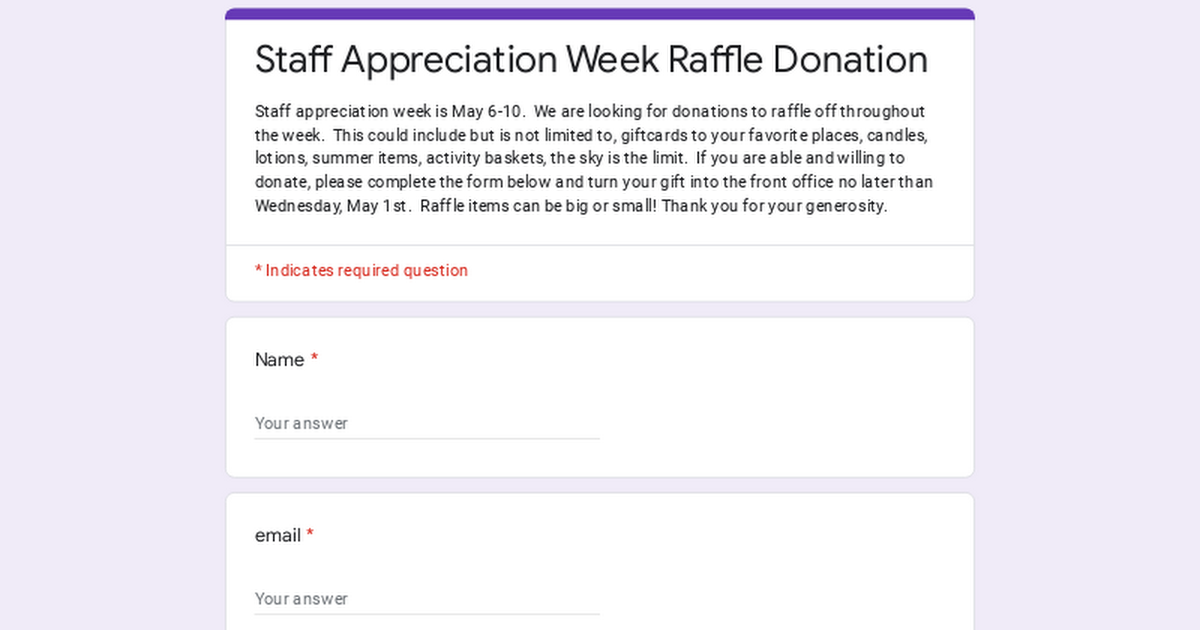 Staff Appreciation Week Raffle Donation