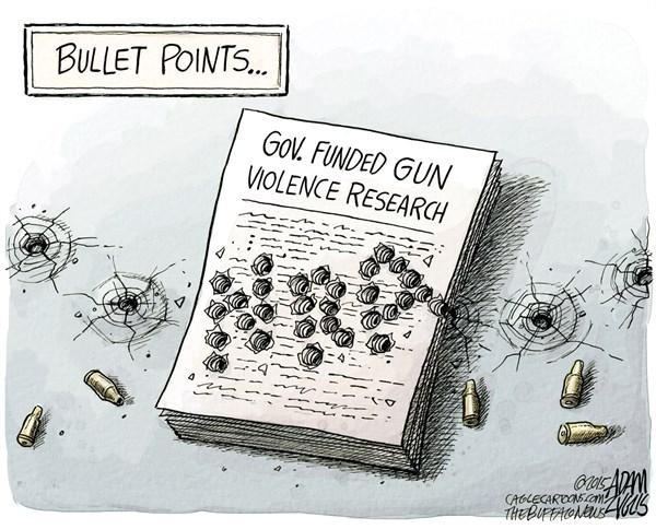 Gun Research, Adam Zyglis,The Buffalo News,nra, gun, violence, research, government, cdc, bullet points, data, study, murder, shootings, mass, safety, public, firearms, assault weapons, america