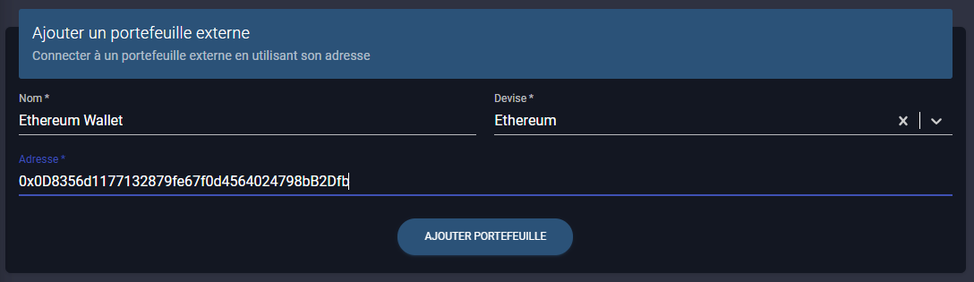 ajout d'un portefeuille externe comme un wallet ethereum