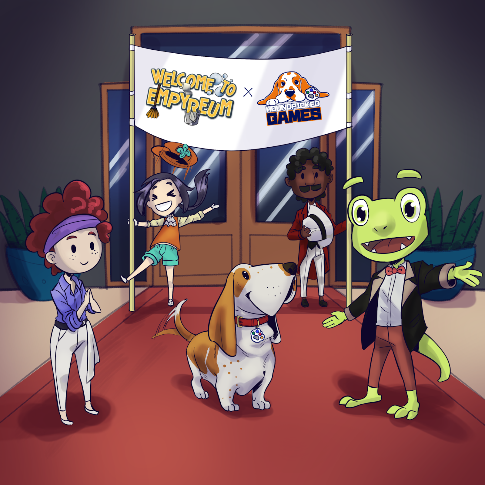 Announcement image of hotel workers and Lola welcoming guests to the opening!