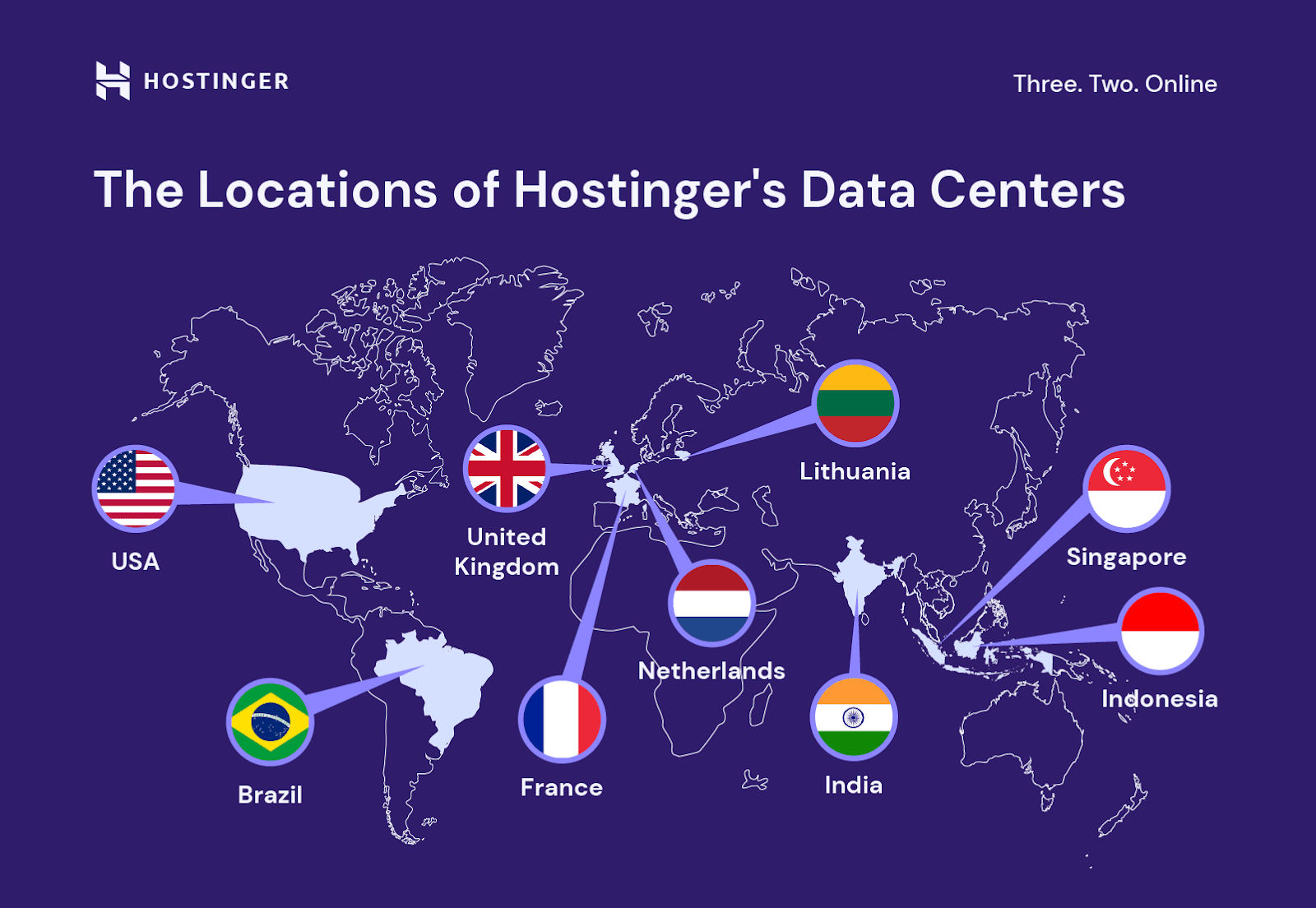 diagrama de mapa com localização dos servidores da hostinger