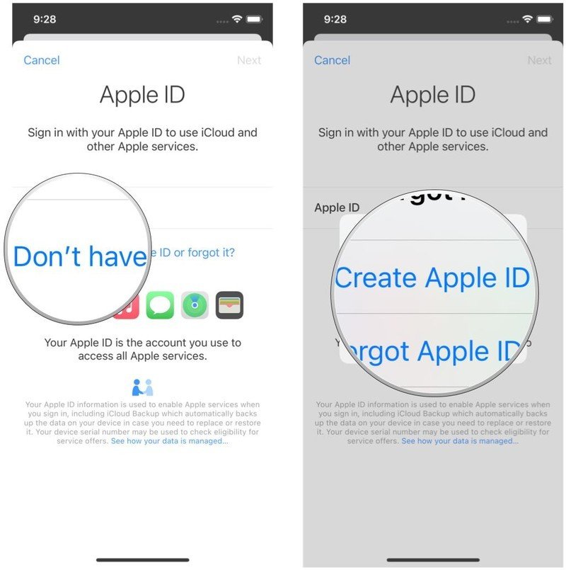 Create a new Apple ID on iPhone by showing: Tap Don't have an Apple ID or forgot it?, then tap Create Apple ID