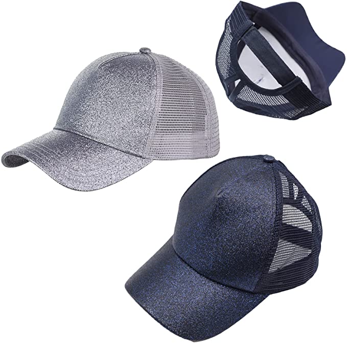 Womens Ponytail Baseball Caps, Adjustable Glitter Mesh Trucker Ponycap, Messy High Buns Dad Hat for Girls