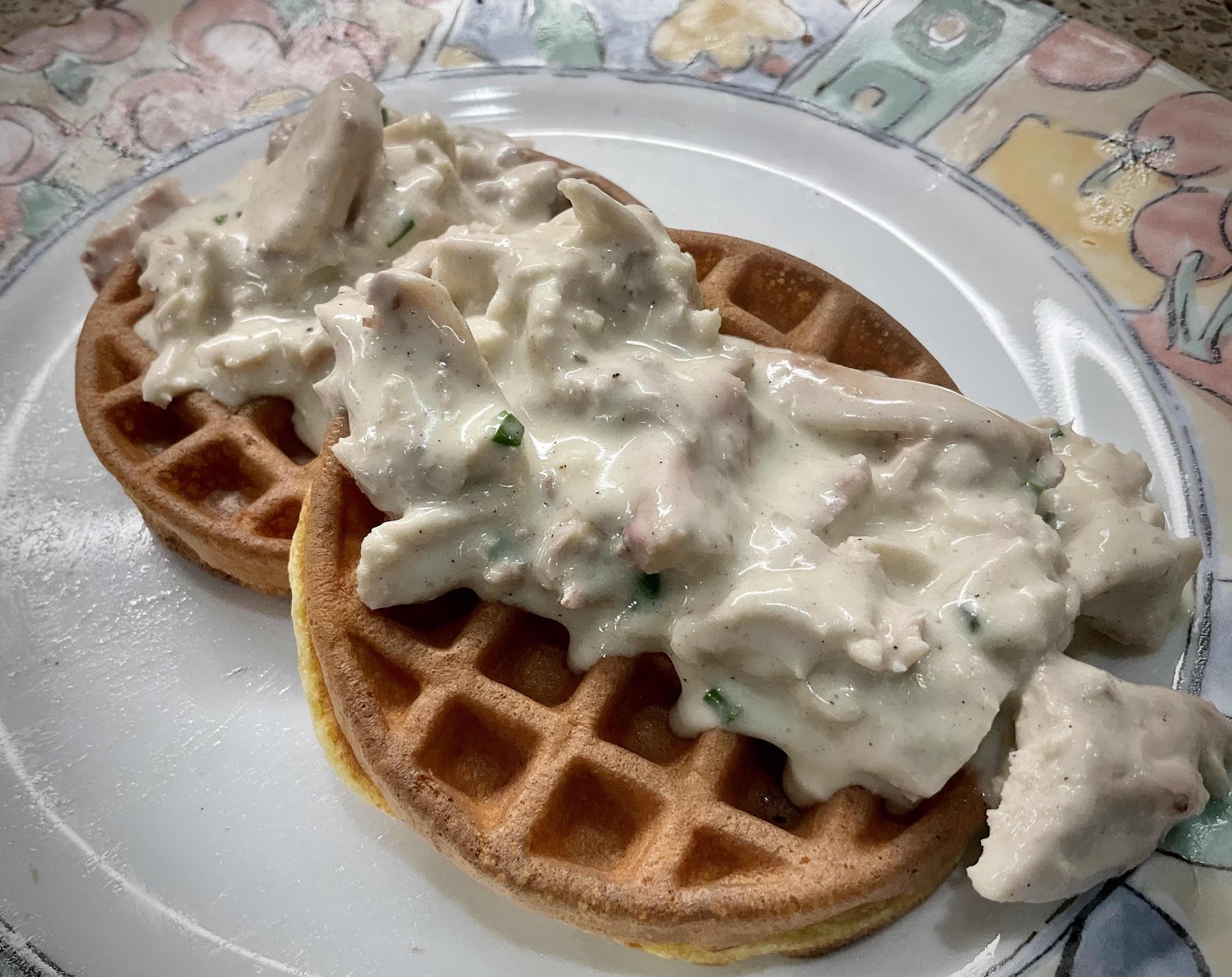 Keto Creamed Chicken over Chaffles