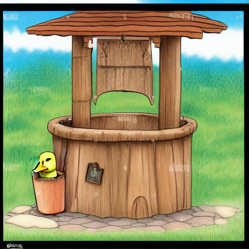 a duckling in a bucket next to a well