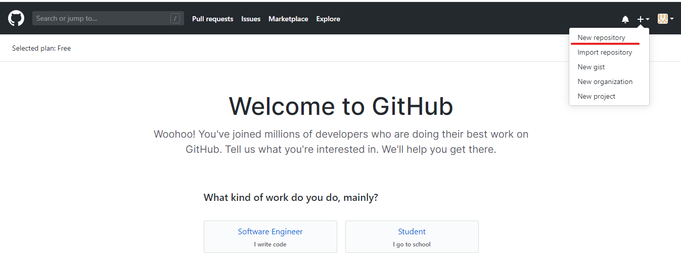 Página logada do GitHub com a opção de criar um novo repositório