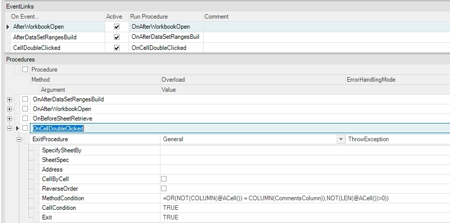  First I created an event link to capture a cell being double clicked. The first method I added to the OnCellDoubleClicked procedure was ExitProcedure. I added this method first because I don't always want the double click event to open a view. I only want it to open the view when the double click happens in a valid cell. I defined that valid cell using an Excel formula and the Dodeca @ACell() function.

In this case the procedure will exit if the double-click happens anywhere but the CommentsColumn range. It will also exit if the cell is empty.