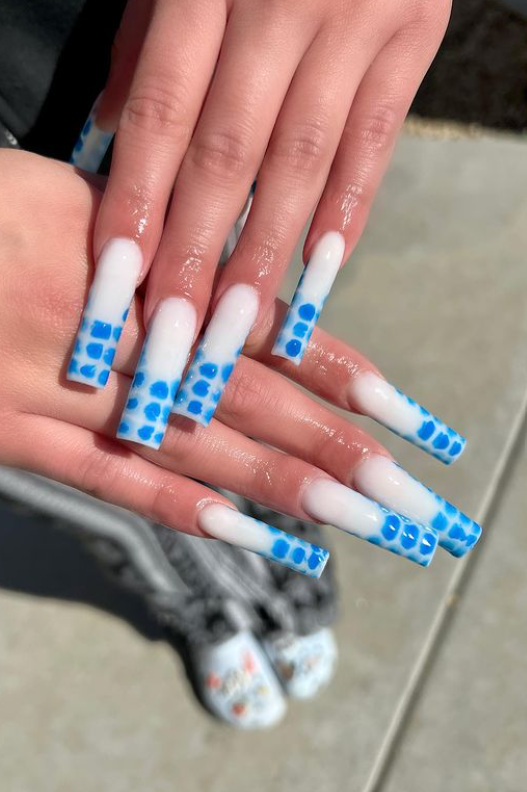 Blue Dots White Nails With Design