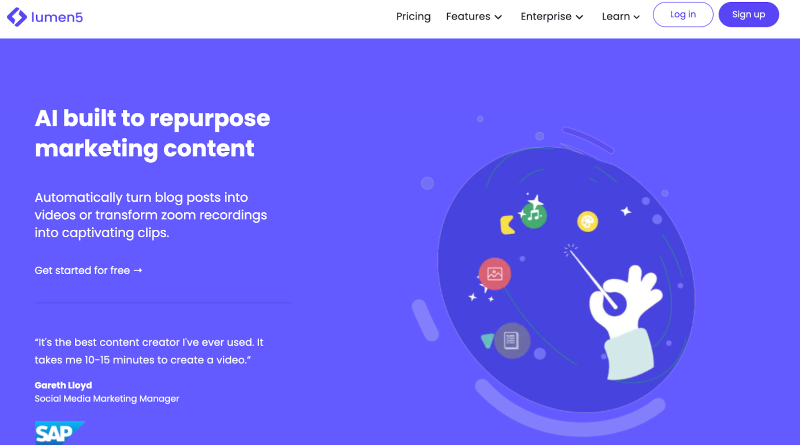 Lumen5 screenshot from the website with the heading "AI built to repurpose marketing content".