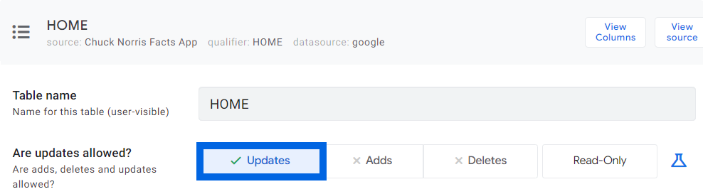 Sélection du update mode "Updates" pour la table HOME