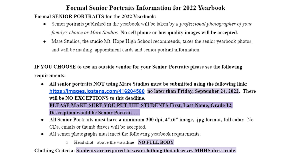 Senior Portraits for Yearbook 2020-21
