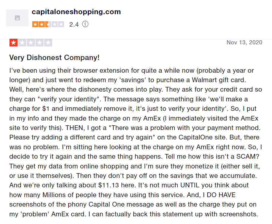 1-star Capital one shopping review says the browser extension they've used for a long time didn't allow them to redeem their savings. 