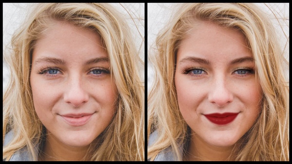 Antes e depois da foto de uma mulher loira onde uma das fotos está com a maquiagem Glitz do AirBrush