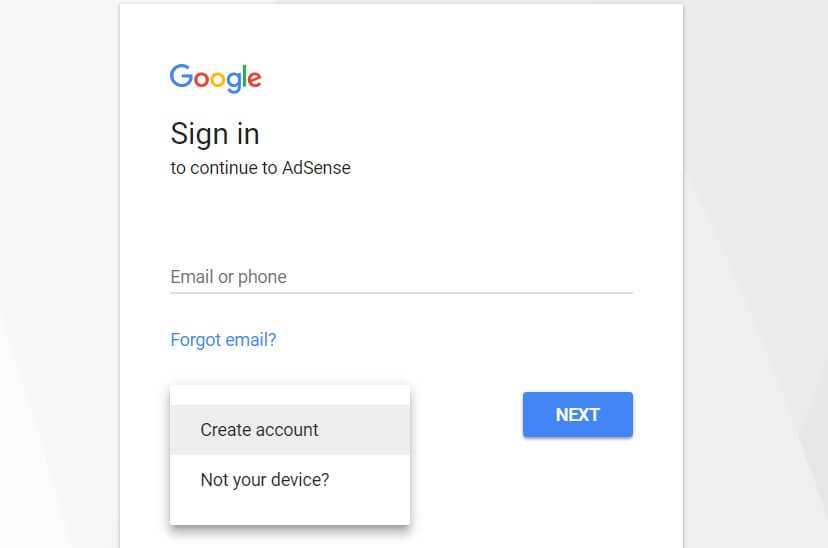 A página de login do Google AdSense