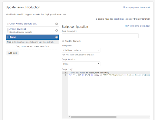 Atlassian Bamboo deployment system configuration screenshot showing script configuration.