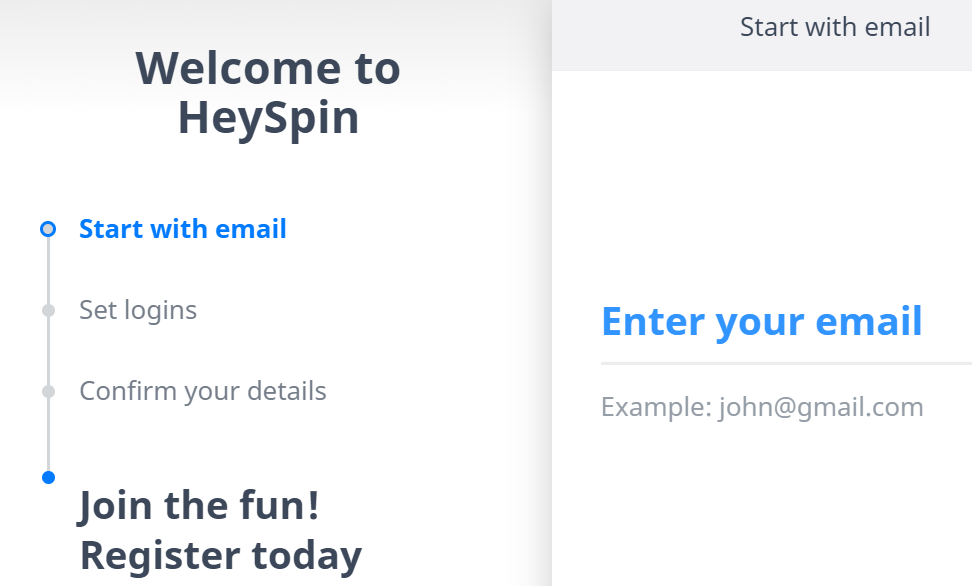 Processus d'inscription HeySpin Casino
