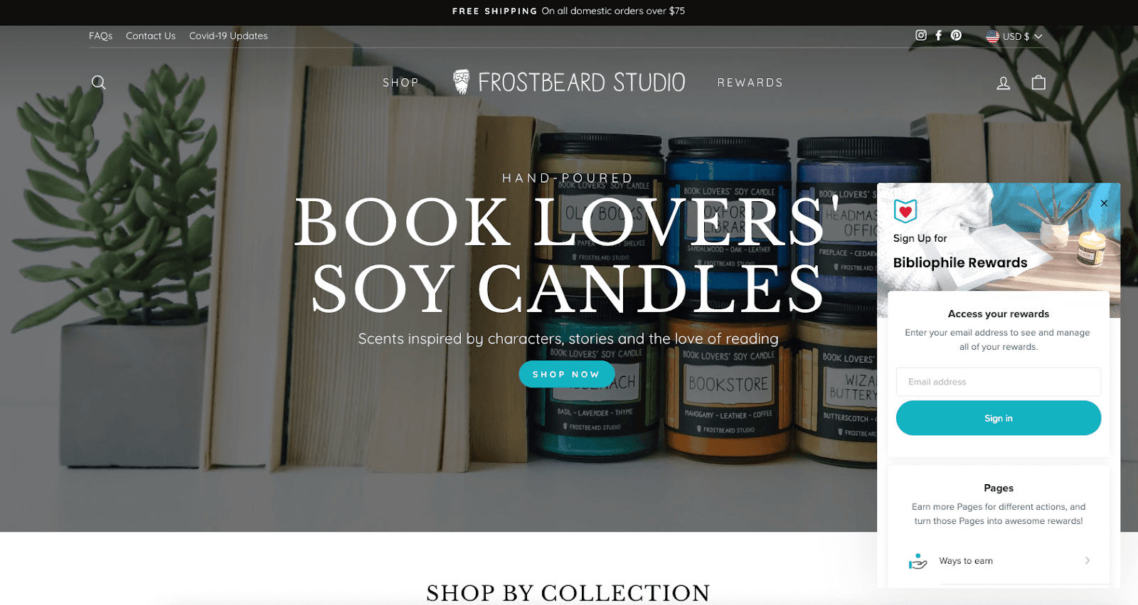 Creative Reward Points Names–A screenshot from Frostbeard Studio’s homepage with their rewards panel on the right side of the page. The banner image is several of their candles in between several books and plants. The text on top reads, “Hand-poured book lovers’ soy candles. Scents inspired by characters, stories and the love of reading.” There is a blue button with white text that says, “Shop Now”.