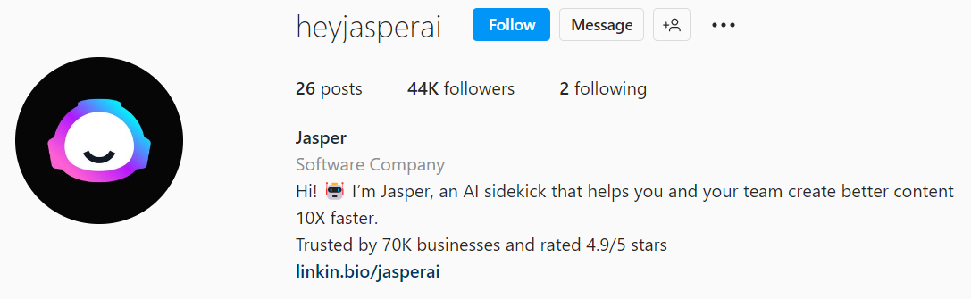 Creative Instagram bio ideas for SaaS brands, jasper