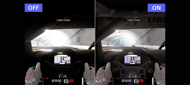 Разделенный экран с игрой, на котором видна разница между включенной и выключенной автоматической тональной компрессией HDR