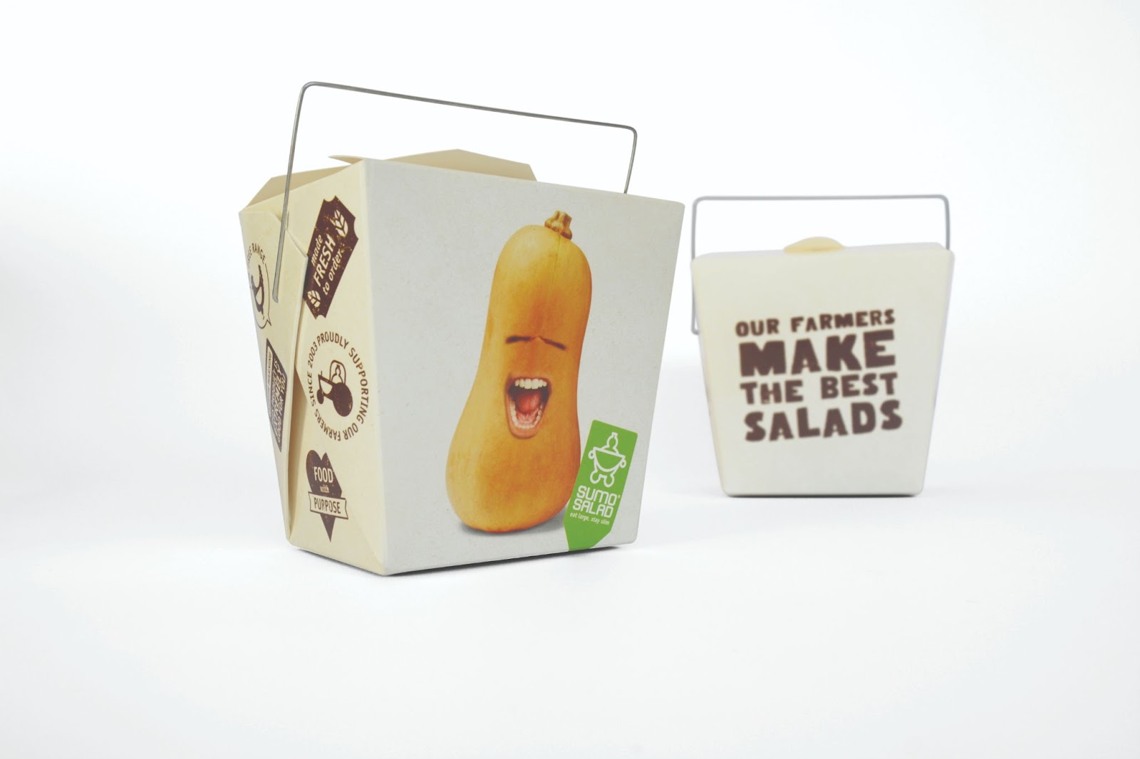 The Sumo Salad packaging design features fresh ingredients with fun facial expressions to bring character to the food package