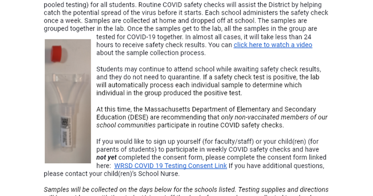 10/6/21 COVID Safety Checks (formerly Pooled Testing) Message: Start of Program