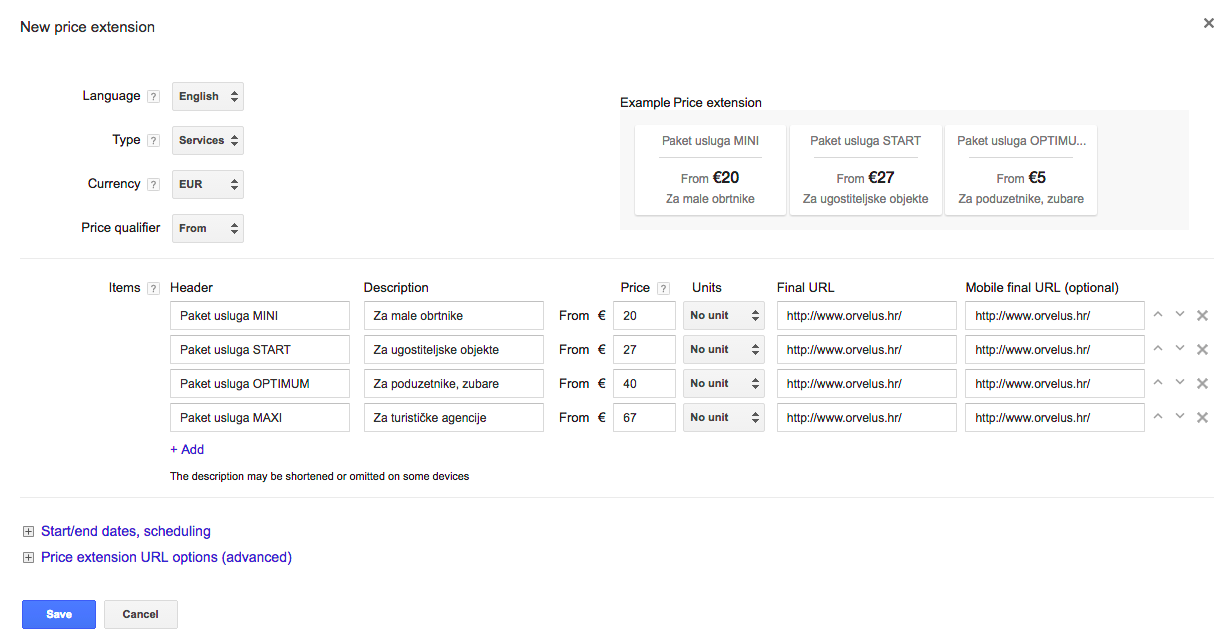 Postavljanje price extension-a