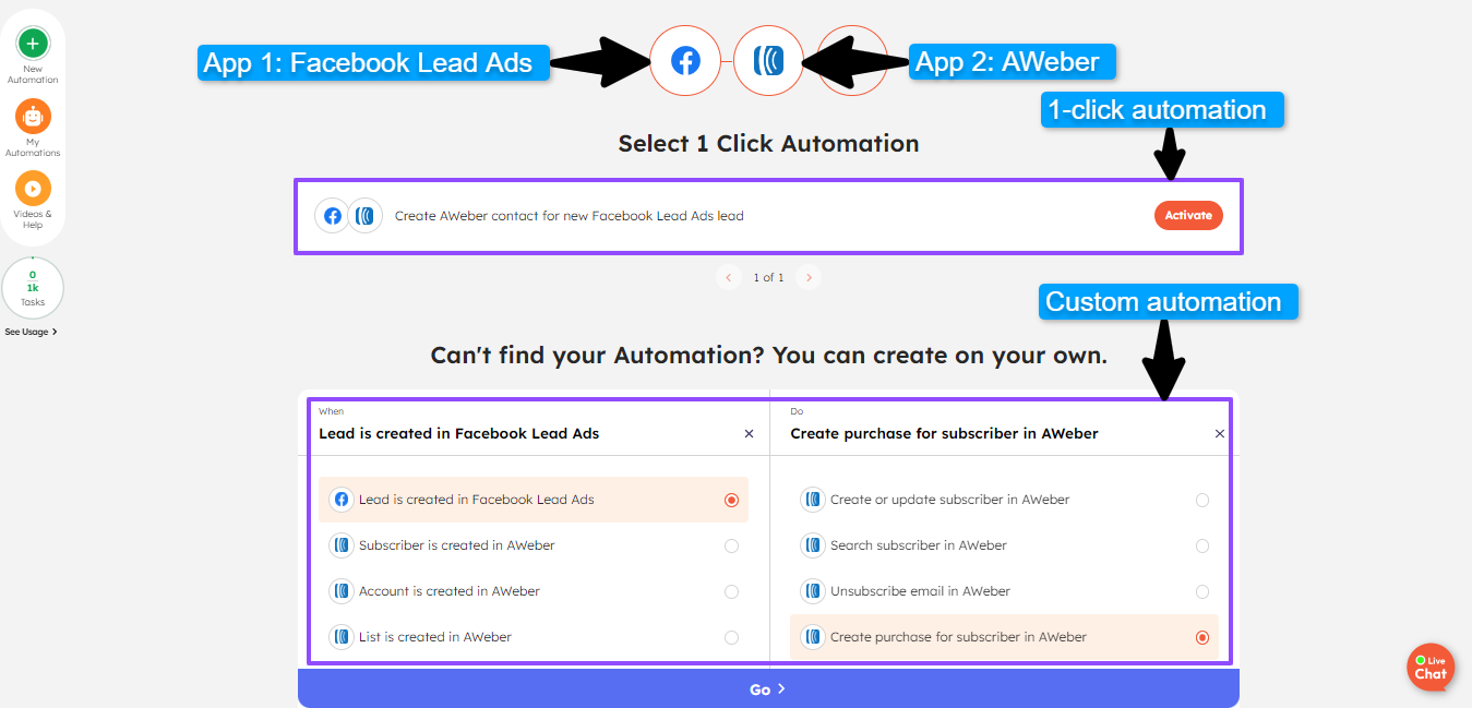 Integrately's app selection, 1 click automation and custom automation builder page for Facebook Lead Ads + AWeber.