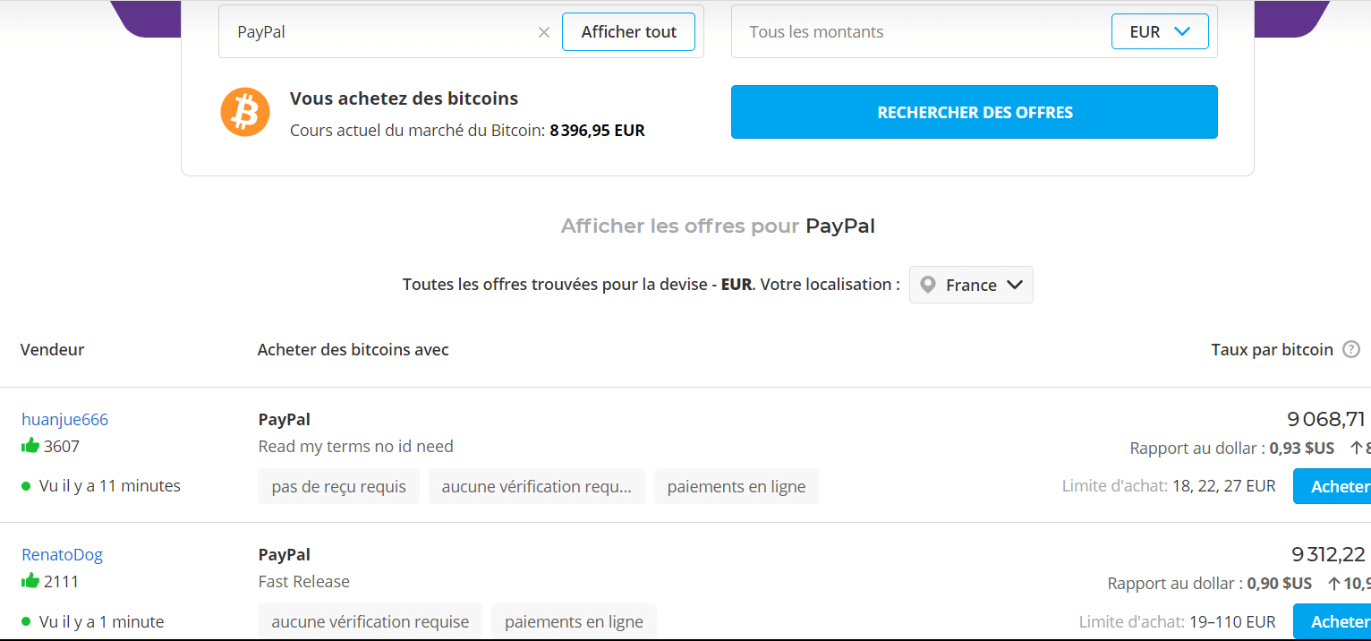 Sur la sélection des vendeurs, choisissez ceux ne demandant pas de vérification (inscription sur Paxful pour acheter du Bitcoin avec Paypal)