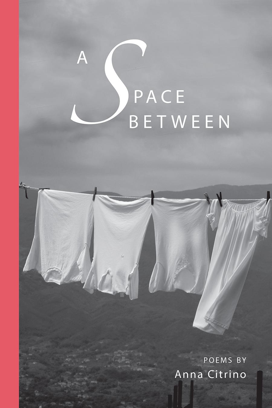 Cover of "A Space Between" by Anna CItrino: black-and-white photo of white clothing on a clothesline against a backdrop of cloudy sky and mountains.