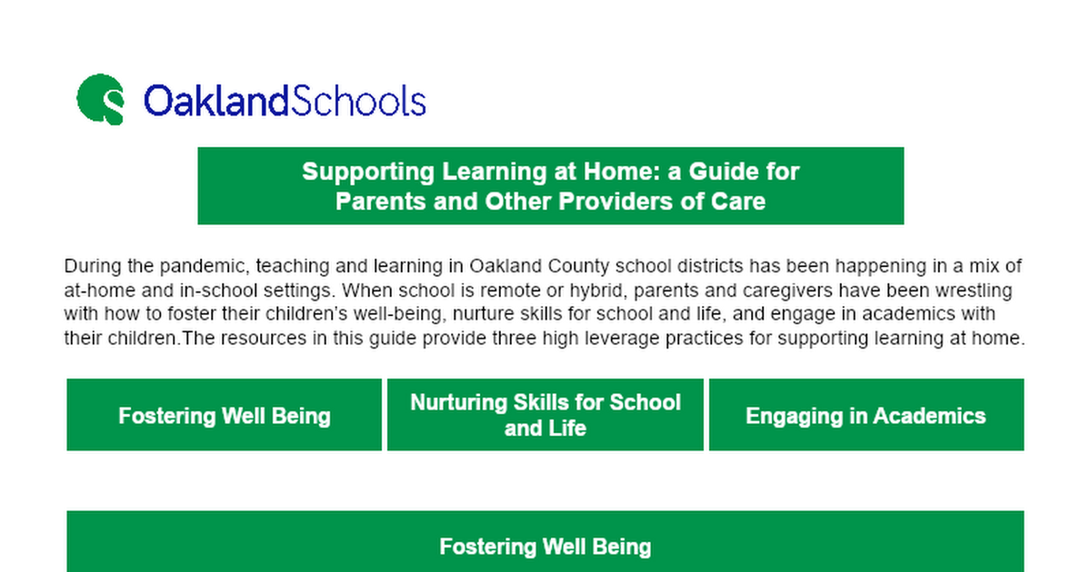 Supporting Learning at Home: a Guide for Parents and Other Providers of Care