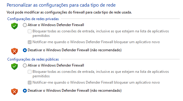 Desativando o Firewall do Windows